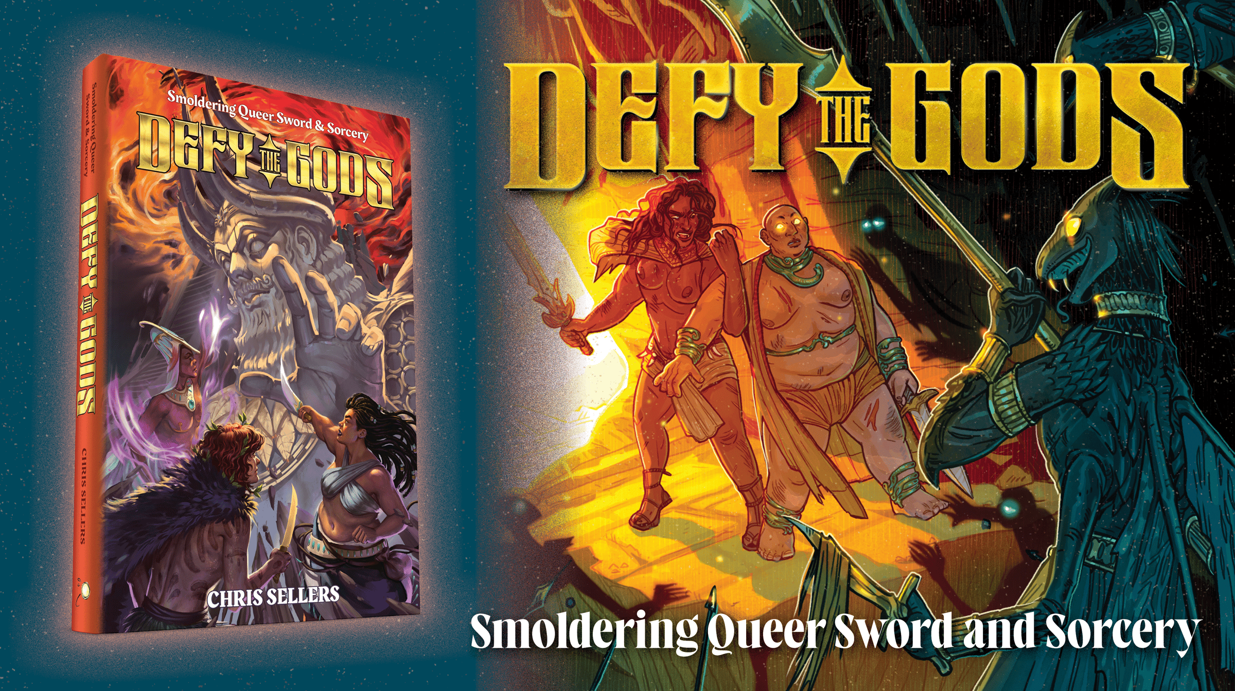 Defy the Gods, Smoldering Queer Sword and Sorcery, with a mockup of the book and a scene in the Underworld