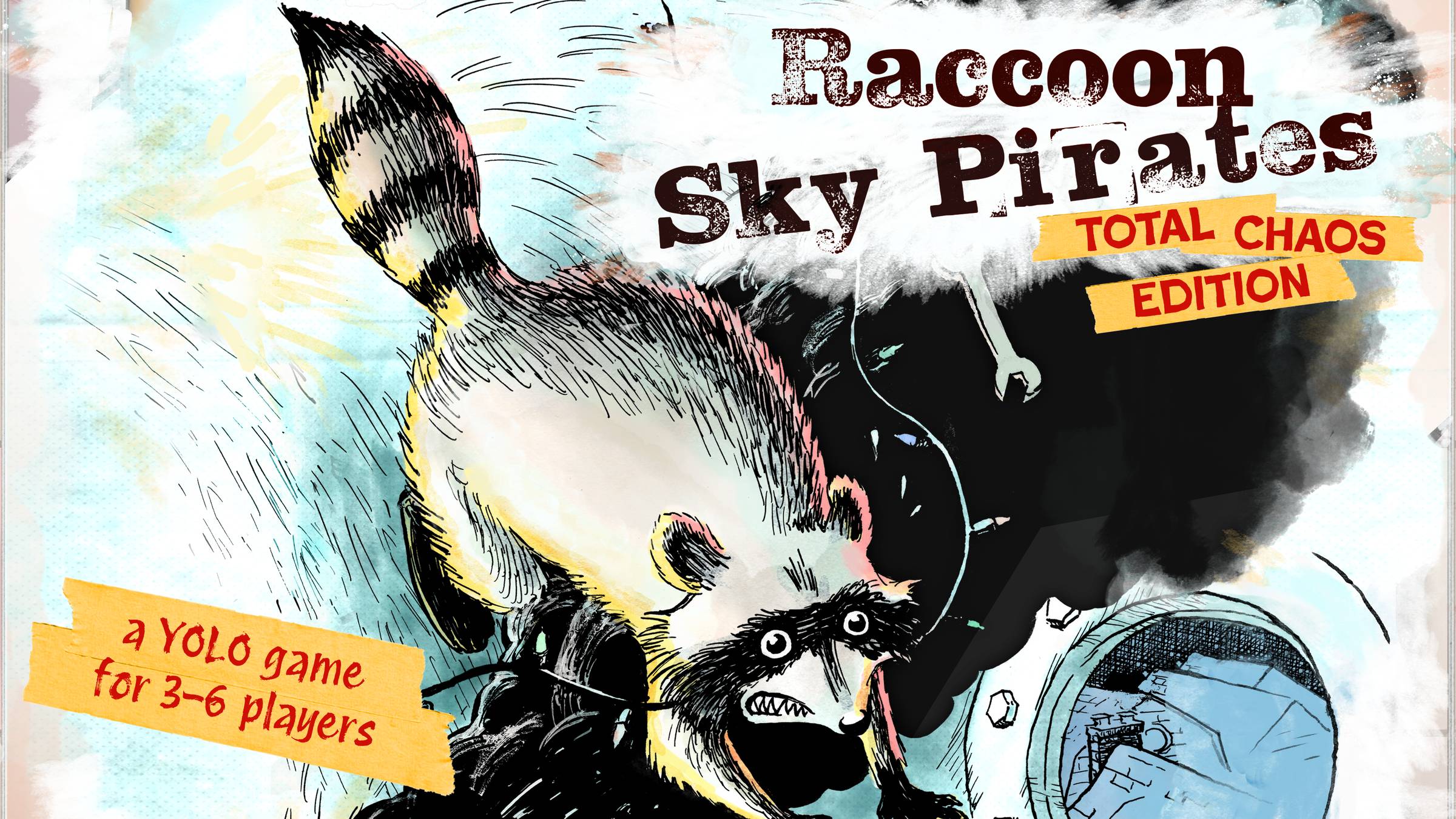 A panicking raccoon in a smoking ship over the suburbs. It says Raccoon Sky Pirates Total Chaos Edition, a YOLO game for 3 to 6 players.