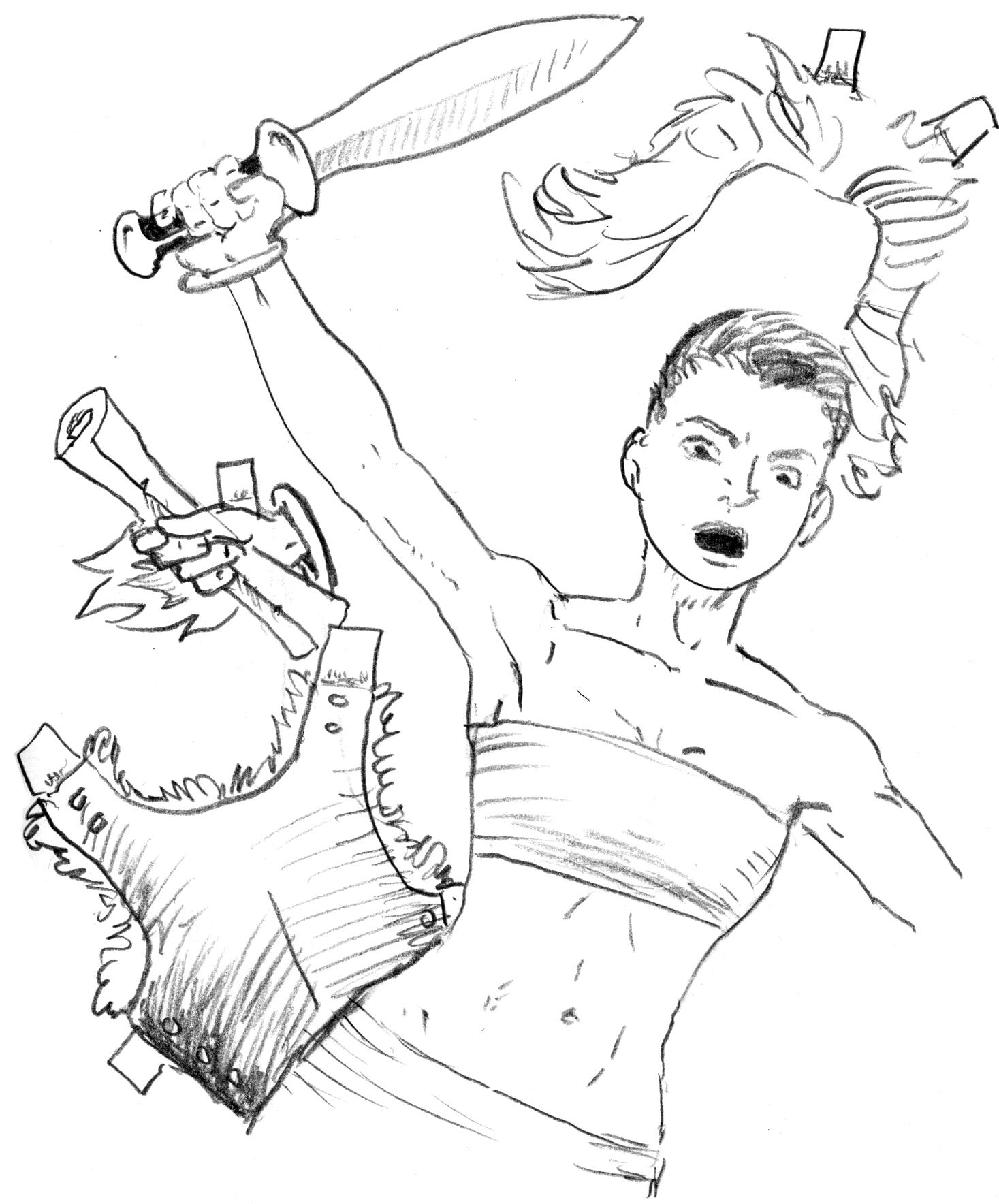 A cut-out paper doll of a female fantasy adventurer, with paper armor, hair, and accessories strewn around her