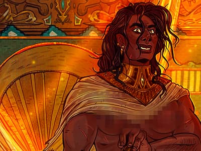 A woman stands in a room bathed in golden light, with her hand on the hilt of her sword. Her face is frozen in rage.