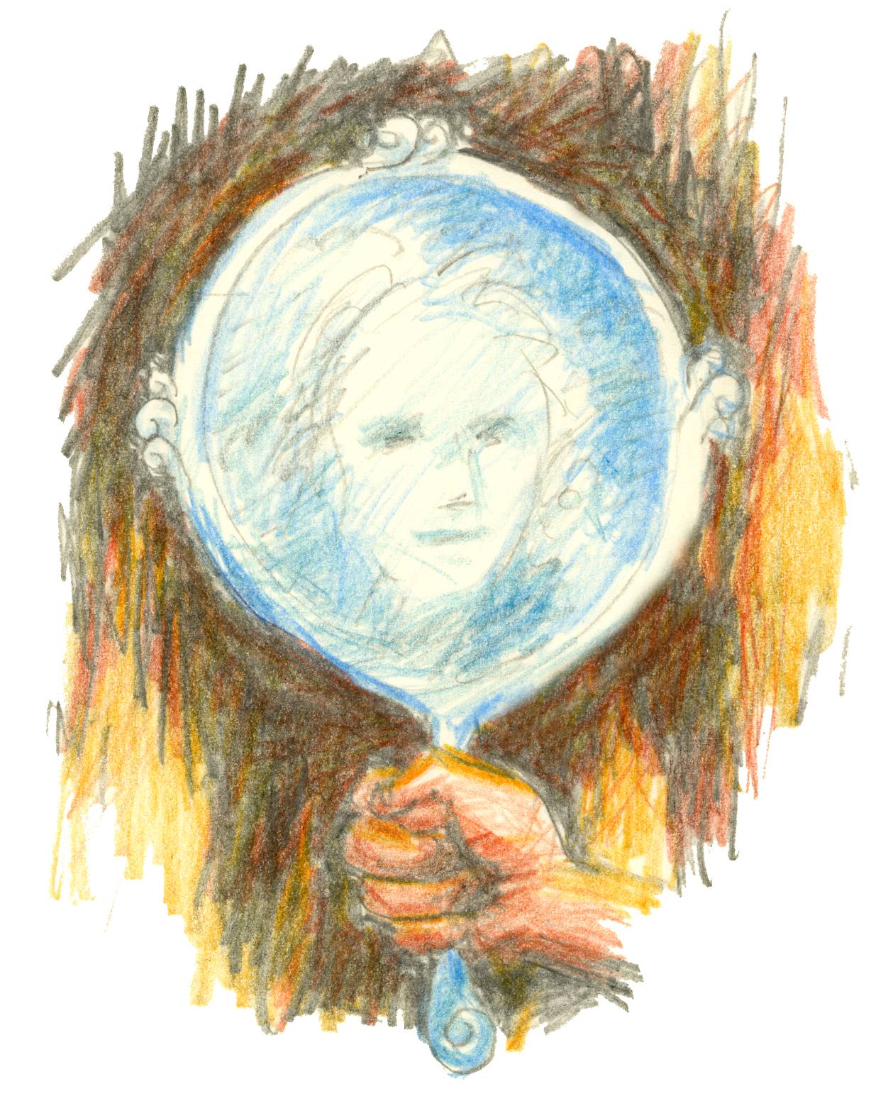colored pencil drawing of a silver mirror showing a face, surrounded by darkness and flames