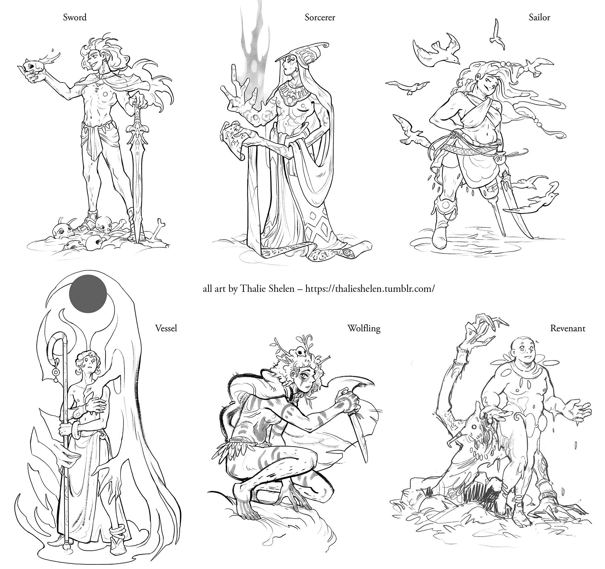 six characters from Defy the Gods: the Sword, the Sorcerer, the Sailor, the Vessel, the Wolfling, and the Revenant, all by Thalie Shelen