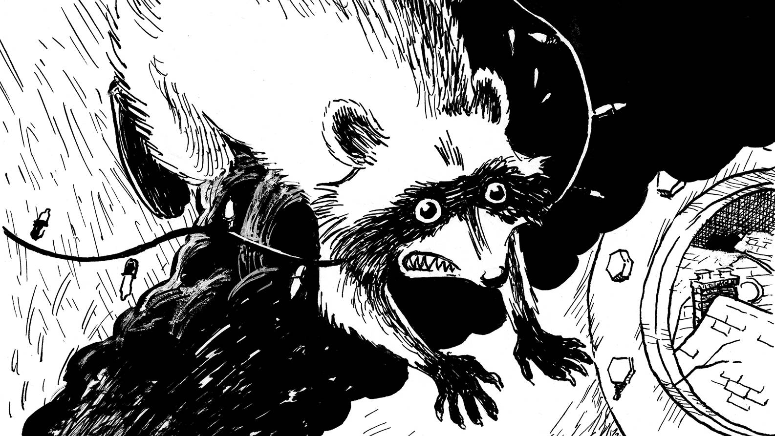 Panicking raccoon running in front of sparks and black smoke