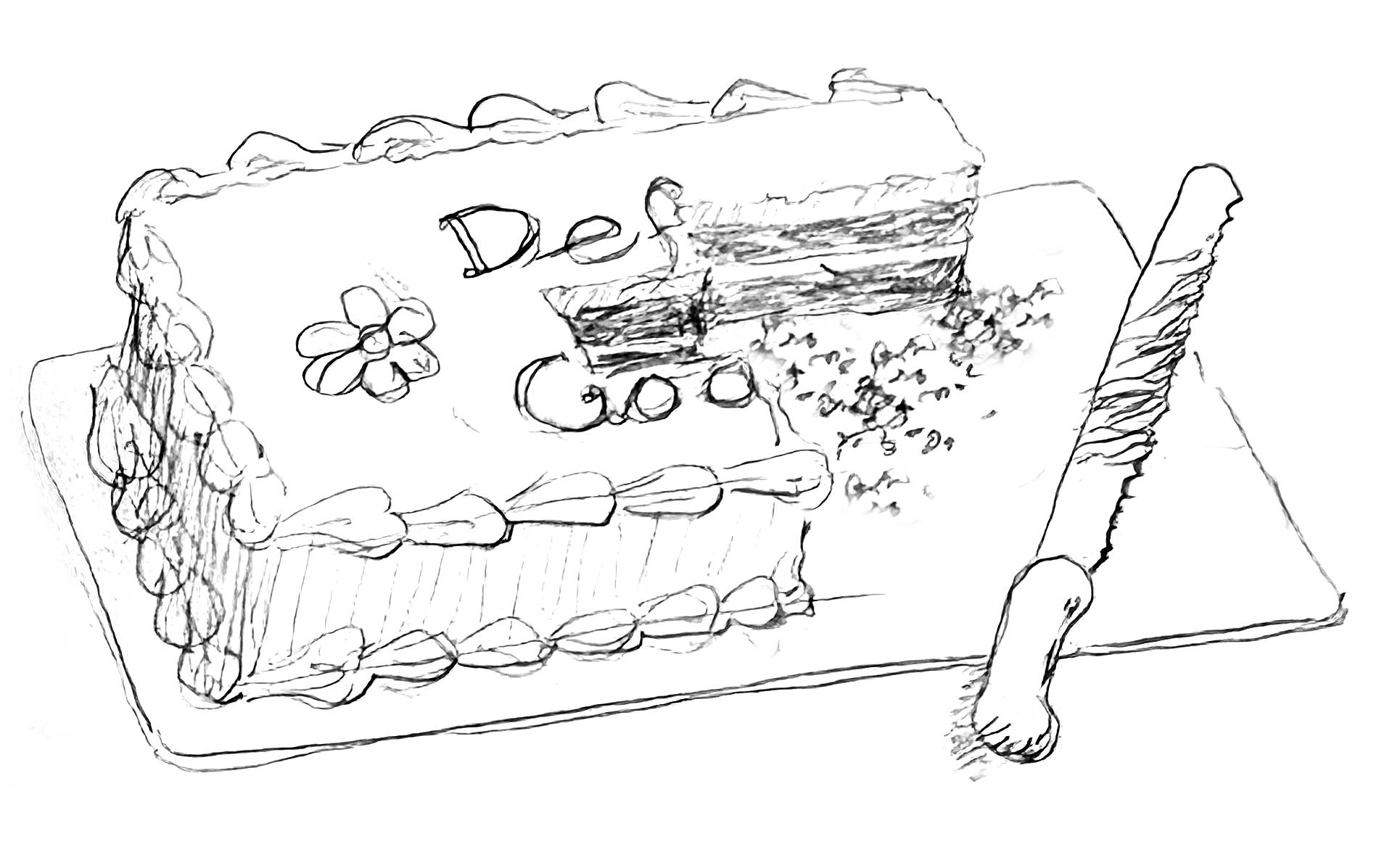 drawing of a sheet cake, half of it missing. The cake reads "Def Goo."