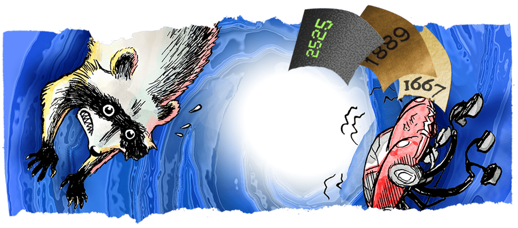 A panicking raccoon, a wrecked Porsche, and the dates 1667, 1889 and 2525 spin around a blue vortex with a light at its center.