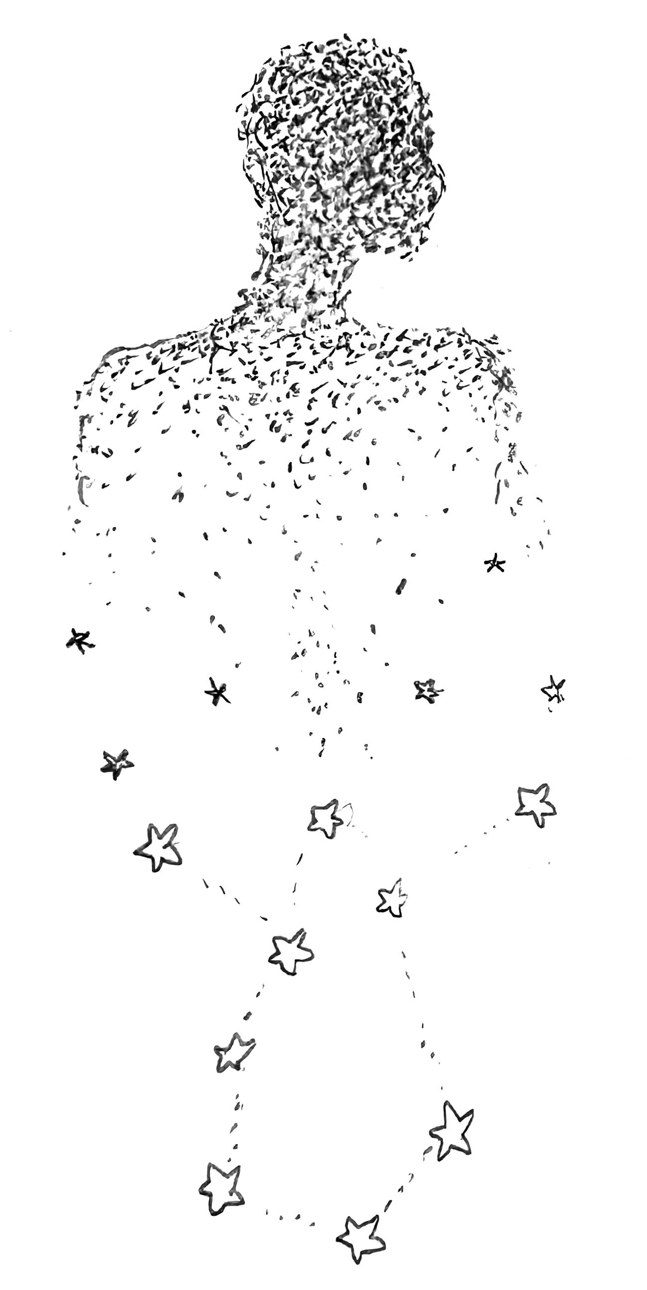 a person made of sand disintegrates into another person made of stars