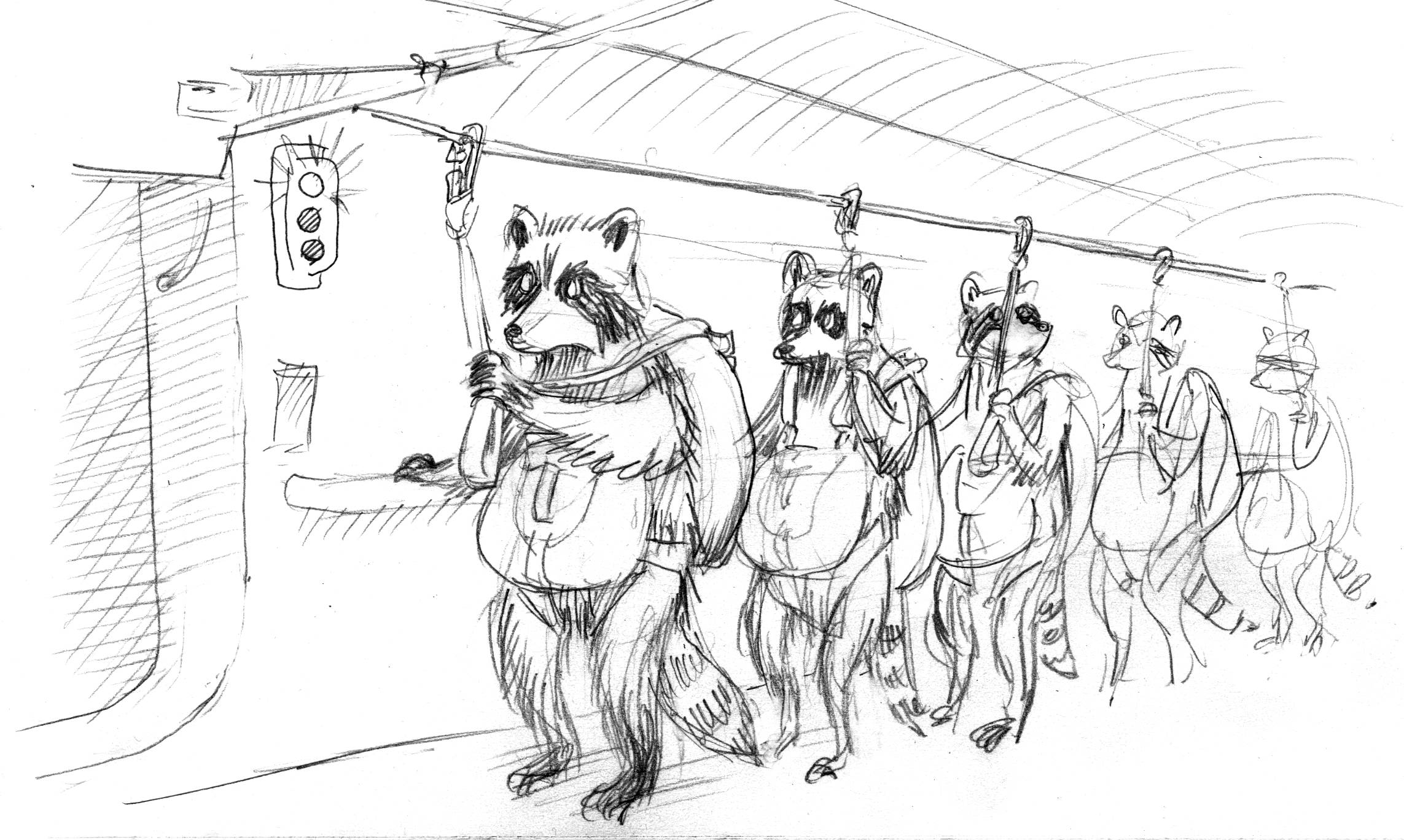 raccoons standing like paratroopers, in line next to an open plane door