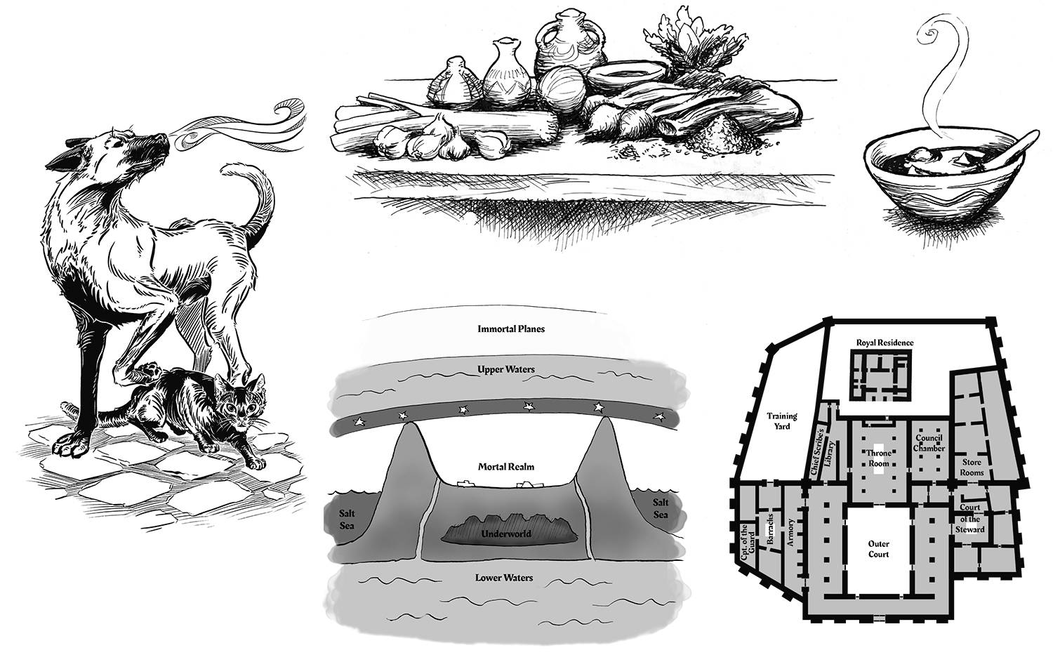 Drawings of a street dog and cat, ingredients and a bowl of soup, and maps of the cosmos and the royal palace
