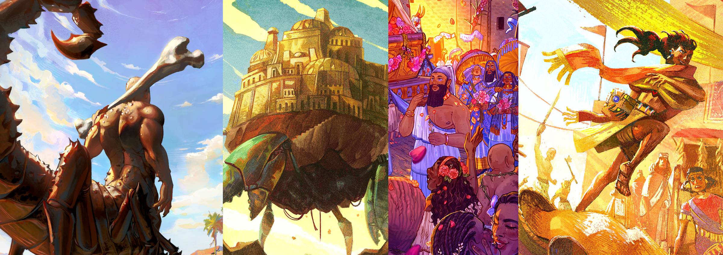Art for Defy the Gods: scorpion demon, crab city, civic festival, and a thief in the marketplace.
