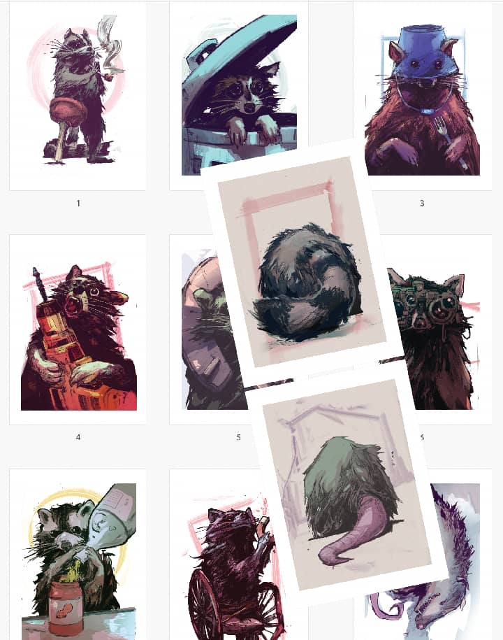 Nine portraits of raccoons and possums getting up to mischief