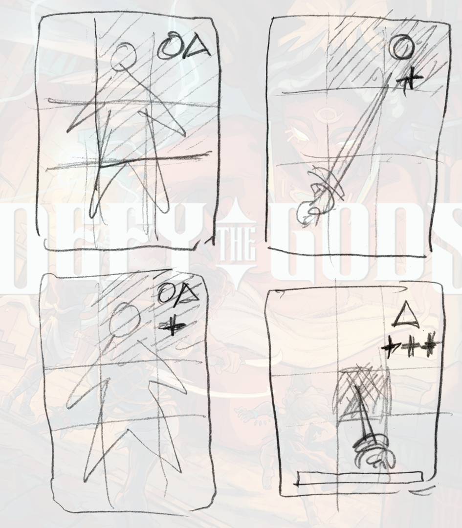 sketch of four cards with a human figure or sword strikes, divided into nine grid squares. Defy the Gods looms faintly underneath.