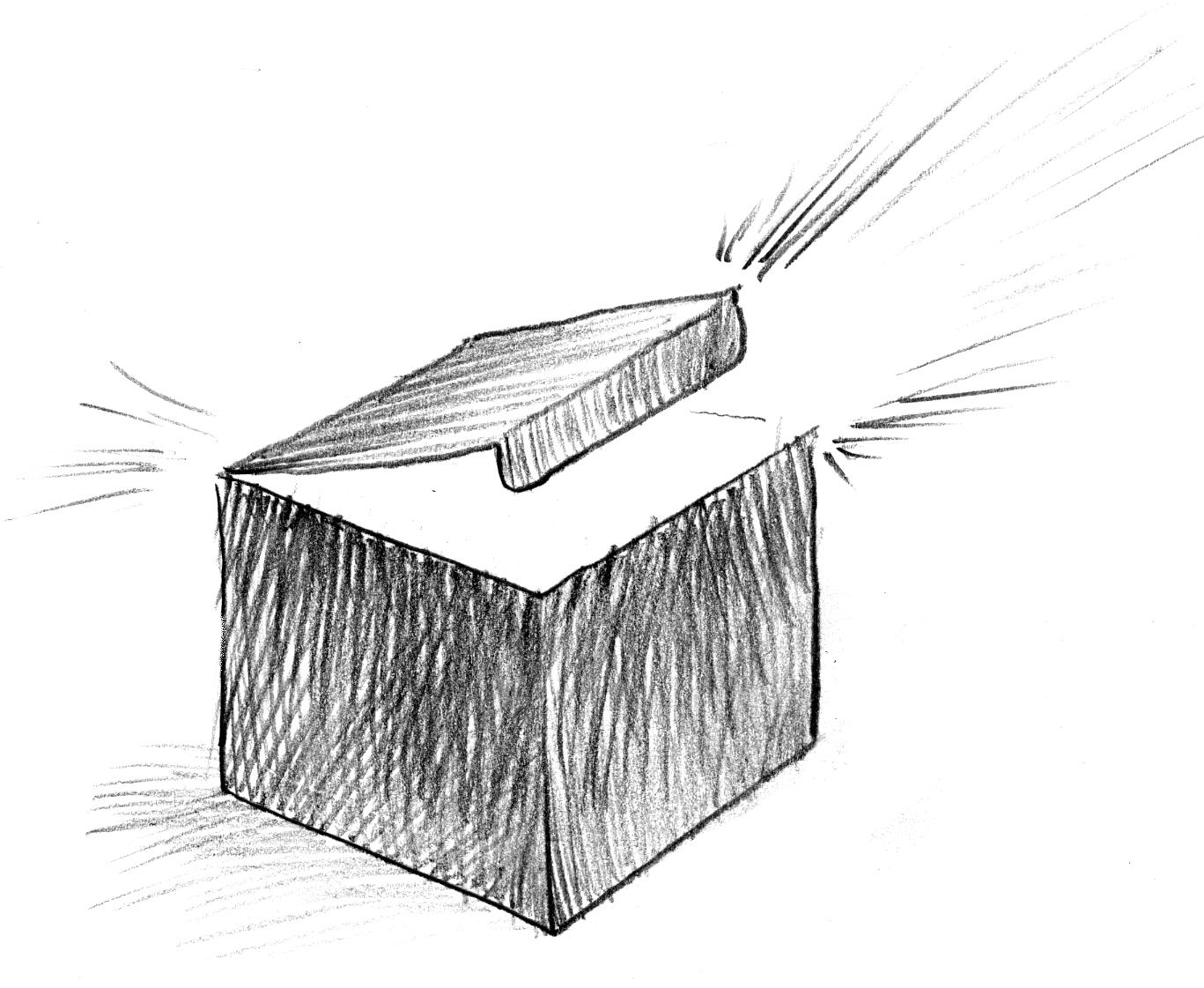 drawing of a small, square box, with the lid just opened and light pouring out