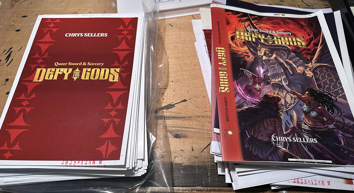 two stacks of papers on a battered drawing board