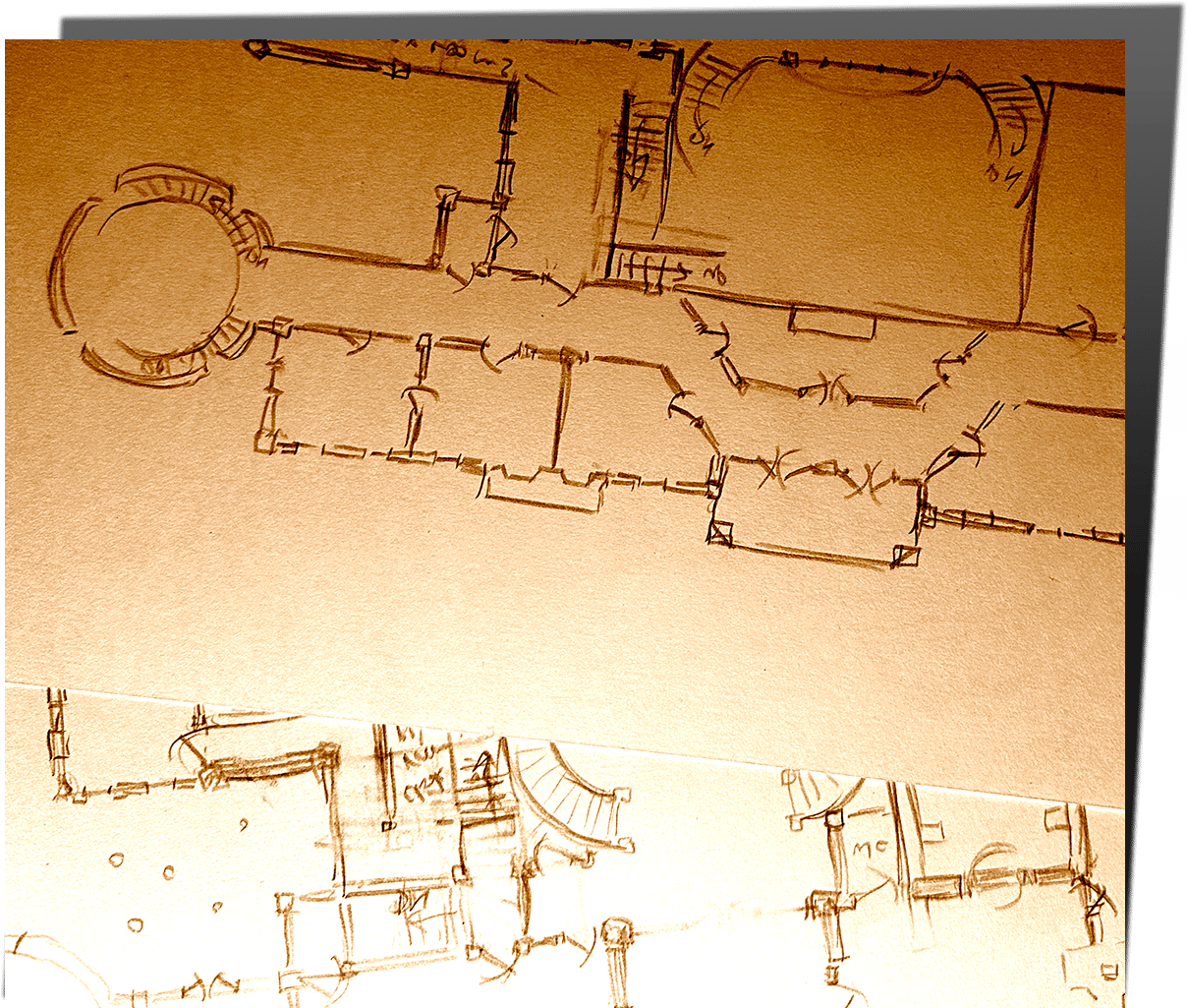 detail of the floor plans showing a turret and a curved staircase. The image is underlit in orange.