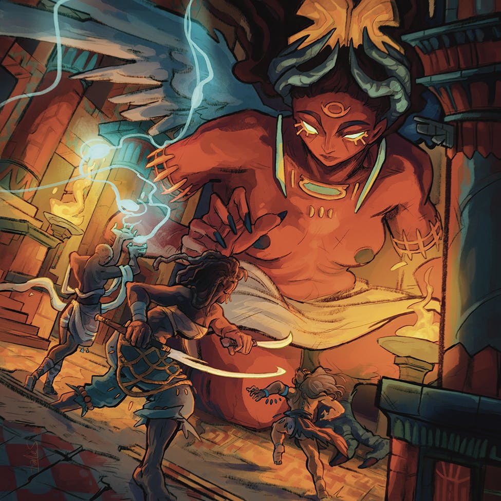Three adventurers armed with swords and sorcery fight in a palace against a gigantic goddess with wings.