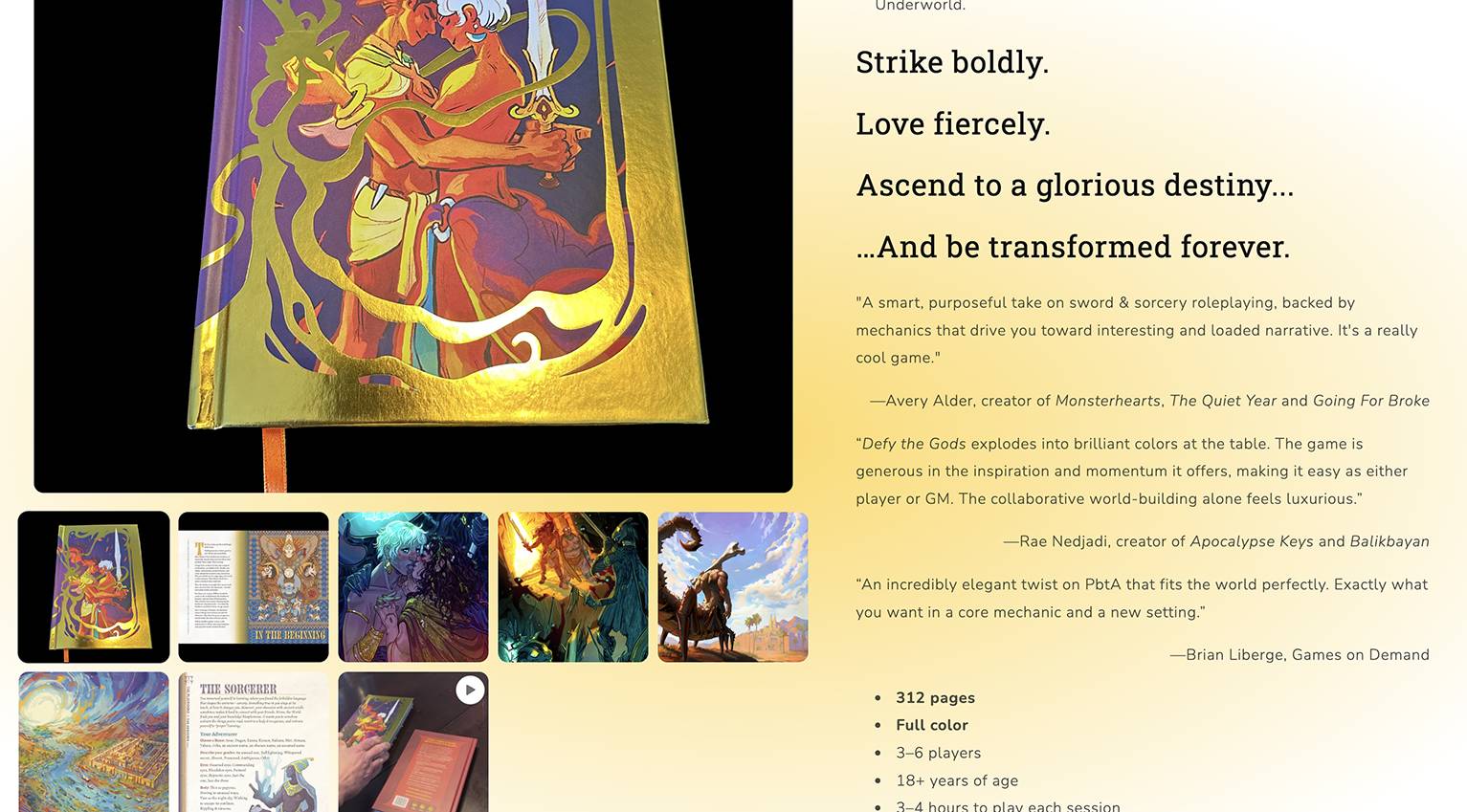 Product page for the special edition of Defy the Gods