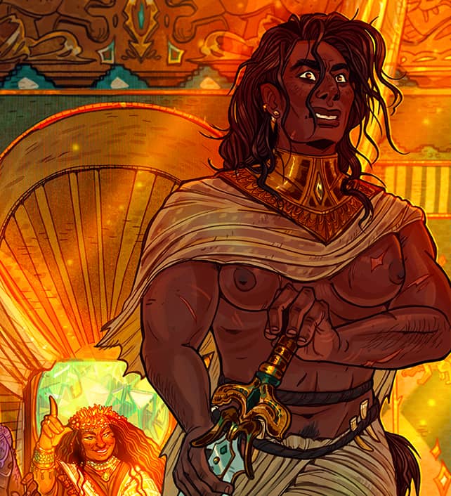 A woman stands in a room bathed in golden light, with her hand on the hilt of her sword. Her face is frozen in rage as the queen in the background delivers a cutting remark.