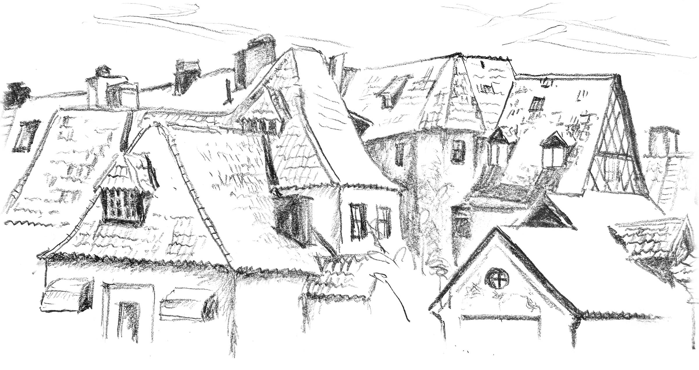 Pencil sketch of peaked roofs piled on each other