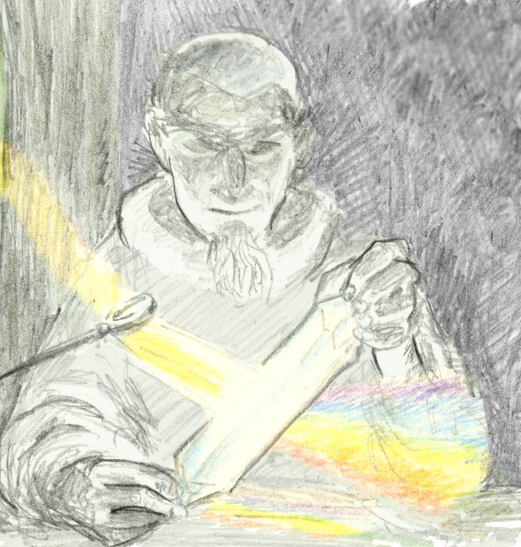 wizard in a skullcap and a dark room using a crystal prism to refract a ray of sunlight into a rainbow