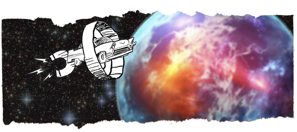 Flying Cadillac powered by magnets sails across the stars to a large blue, orange and purple planet.