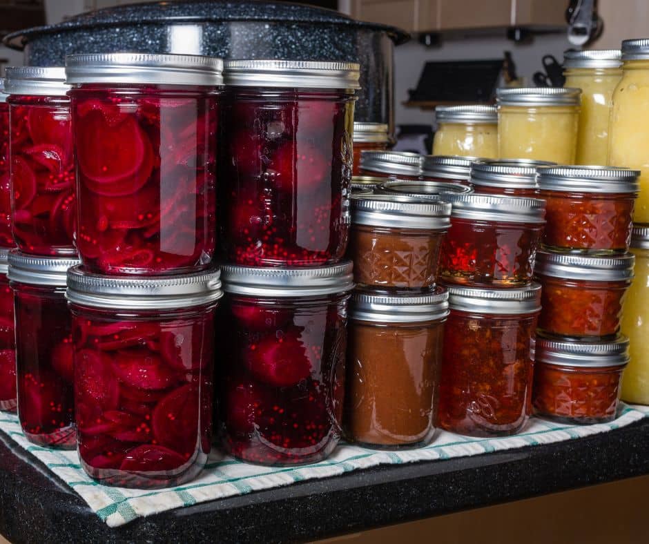 Brightly colored home canned foods.