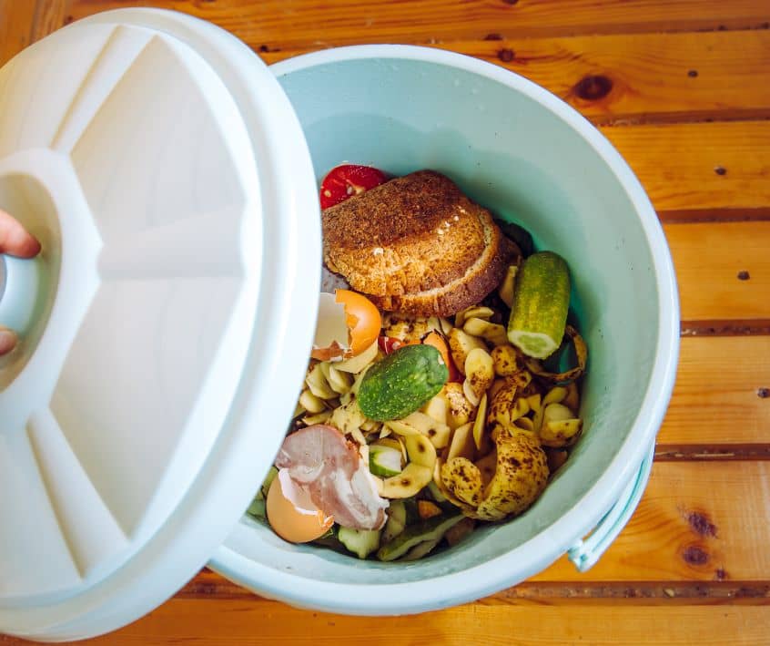 Kitchen collection bin full of food scraps ready for the compost bin.