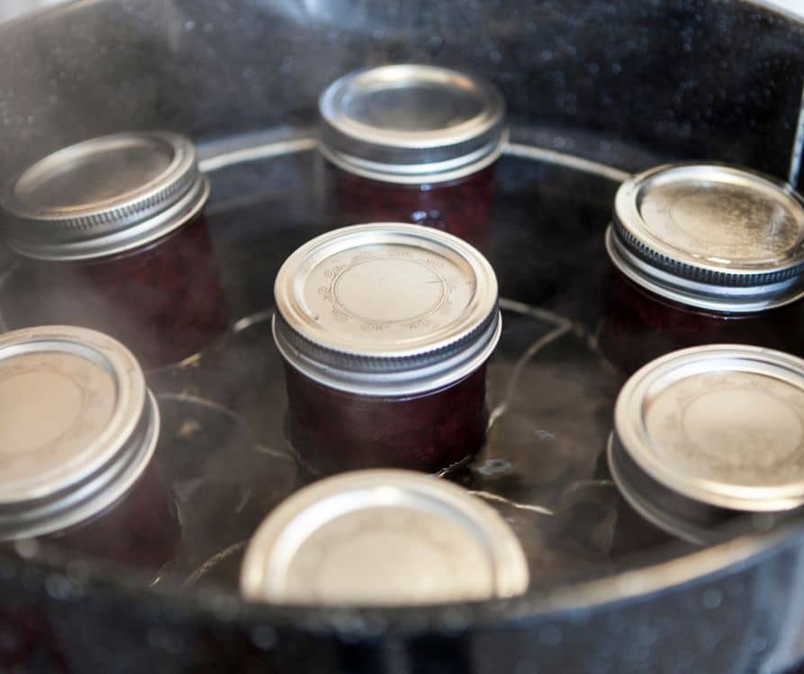 Small jars of homemade jelly in a water bath.