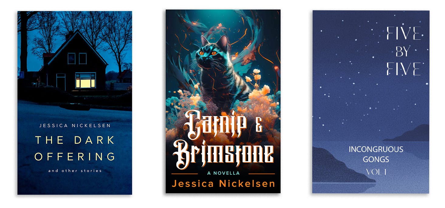 the Dark Offering, Catnip and Brimstone, and Five By Five book covers