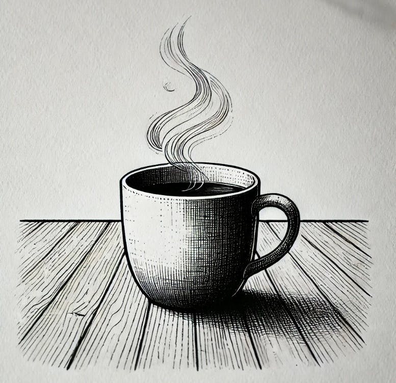 A pen and ink illustration of a coffee mug sitting on a kitchen table, without any background elements. The mug is steaming, with gentle curls of steam rising from the hot coffee. The focus is entirely on the mug and the table, with no surrounding details. The linework is simple and clean, emphasizing the texture of the mug and table, while keeping the composition minimal and elegant. The overall style is detailed yet straightforward, highlighting the warm atmosphere of the steaming coffee.