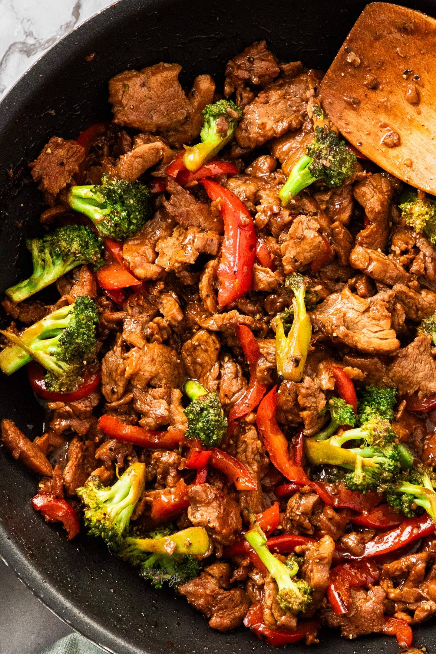 A pan full of honey pepper pork stir fry.