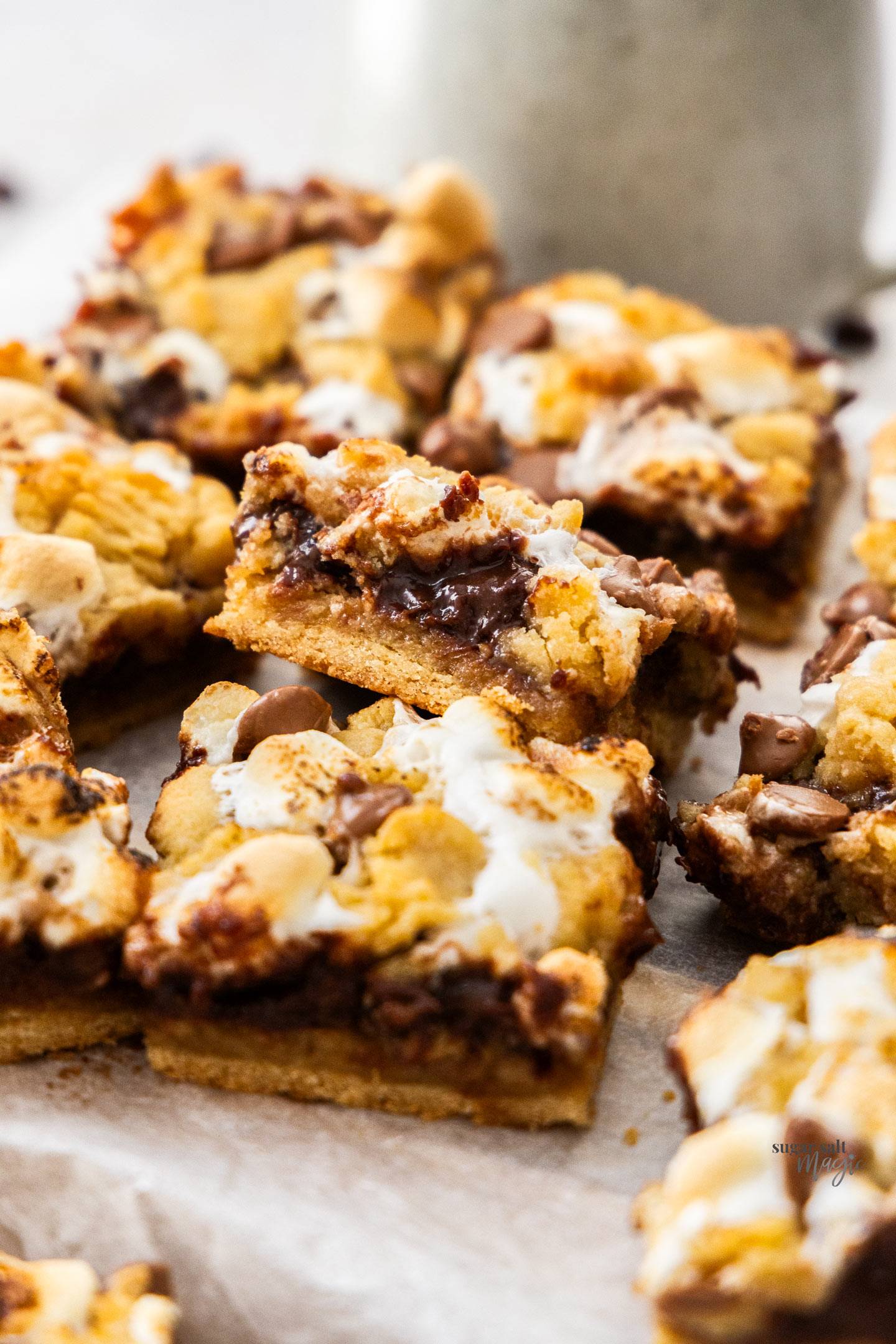 Closeup of the gooey inside of a s'mores cookie bar.