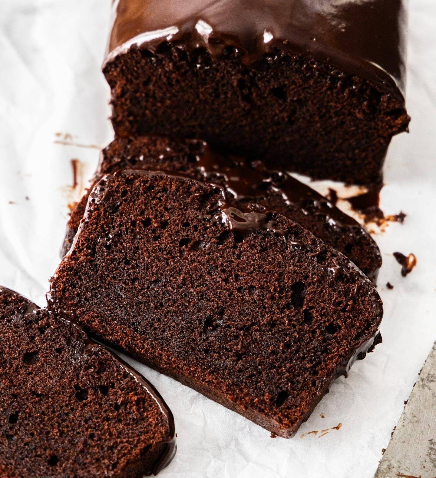 Top down view of slices of chocolate pound cake.