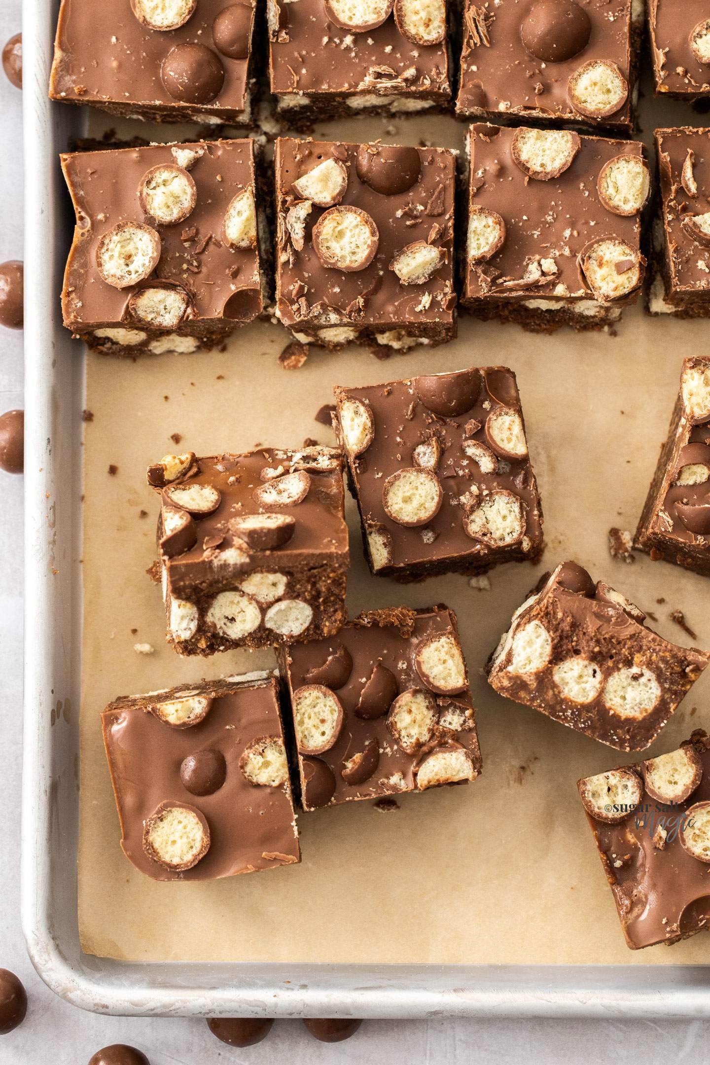Top down view of squares of Malteser slice.