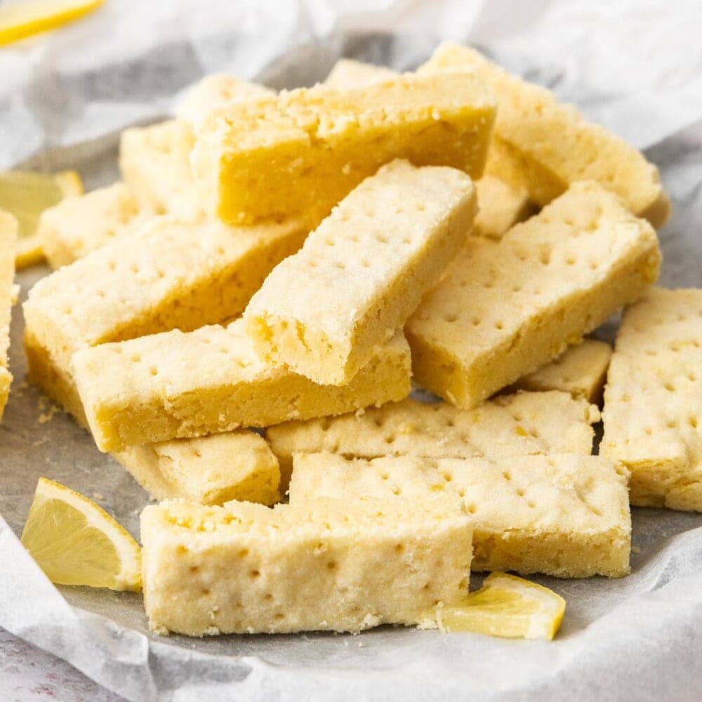 A pile of lemon shortbread fingers.