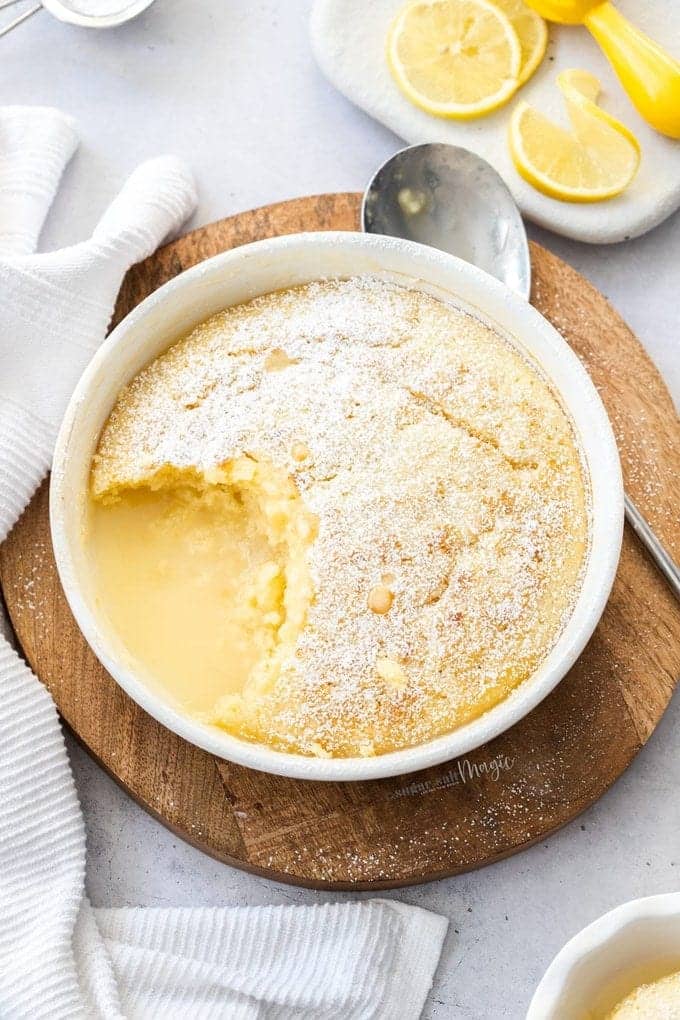 Top down view of a lemon self saucing pudding.