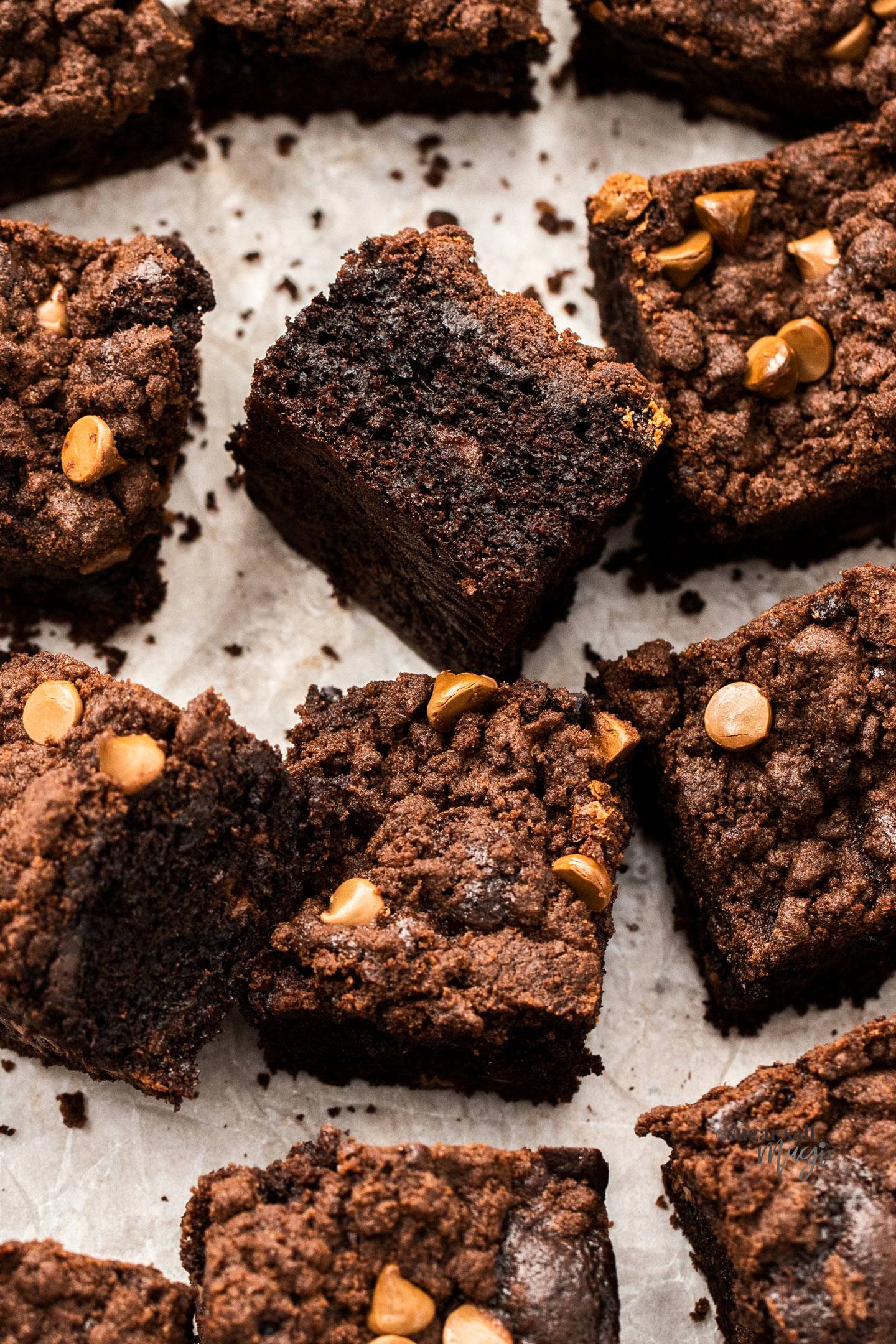 Squares of chocolate crumb cake with one turned sideways to show the soft cake centre.