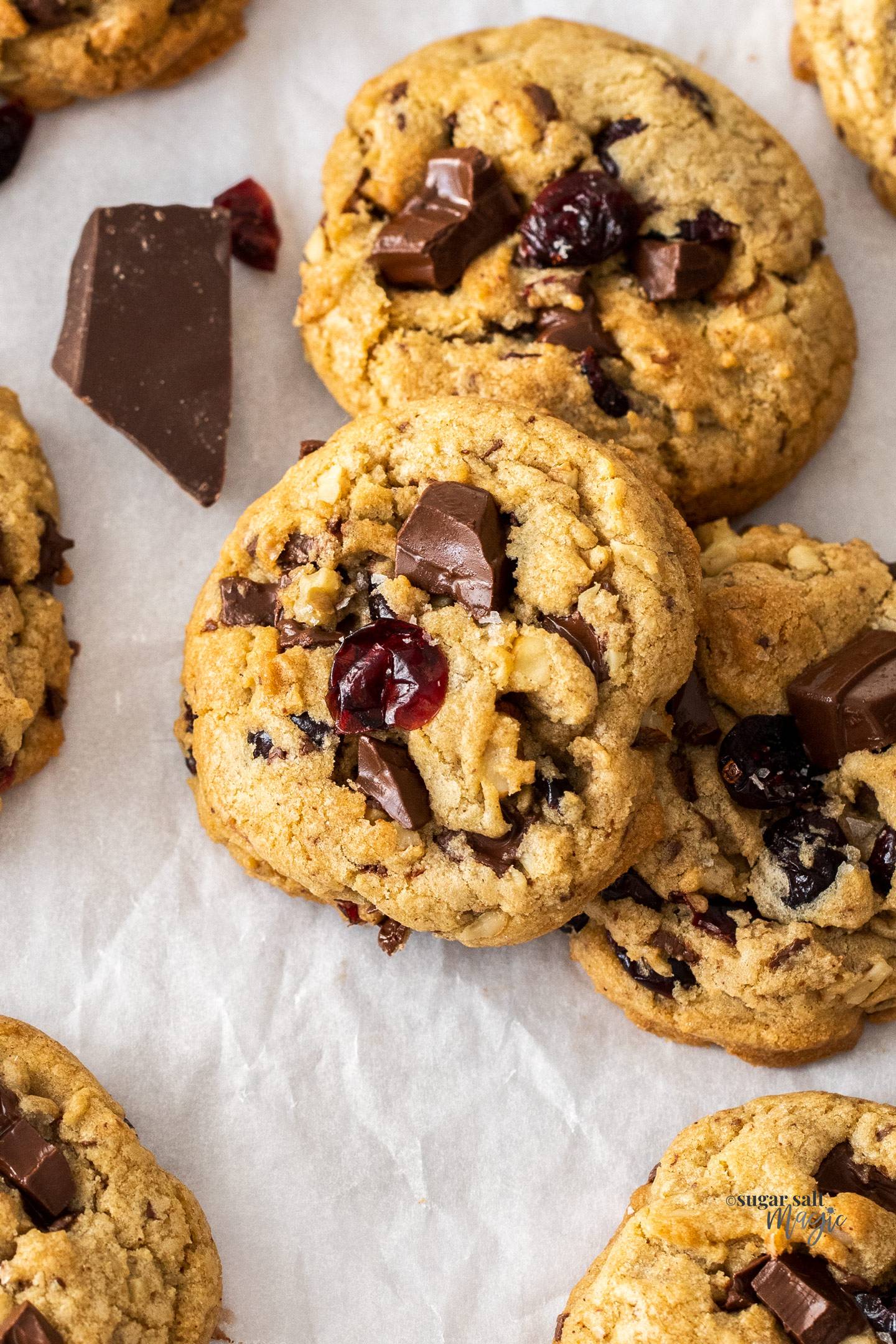 Closeup of a walnut chocolate chunk cookie.