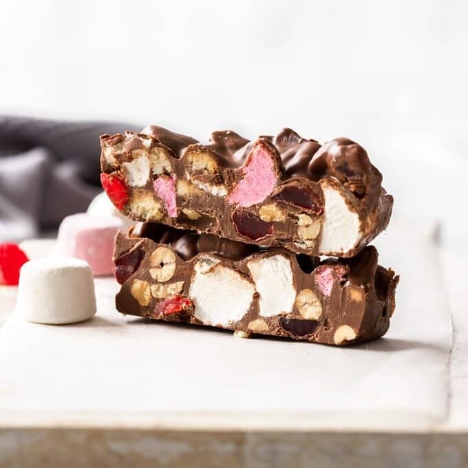 Two pieces of rocky road stacked together.