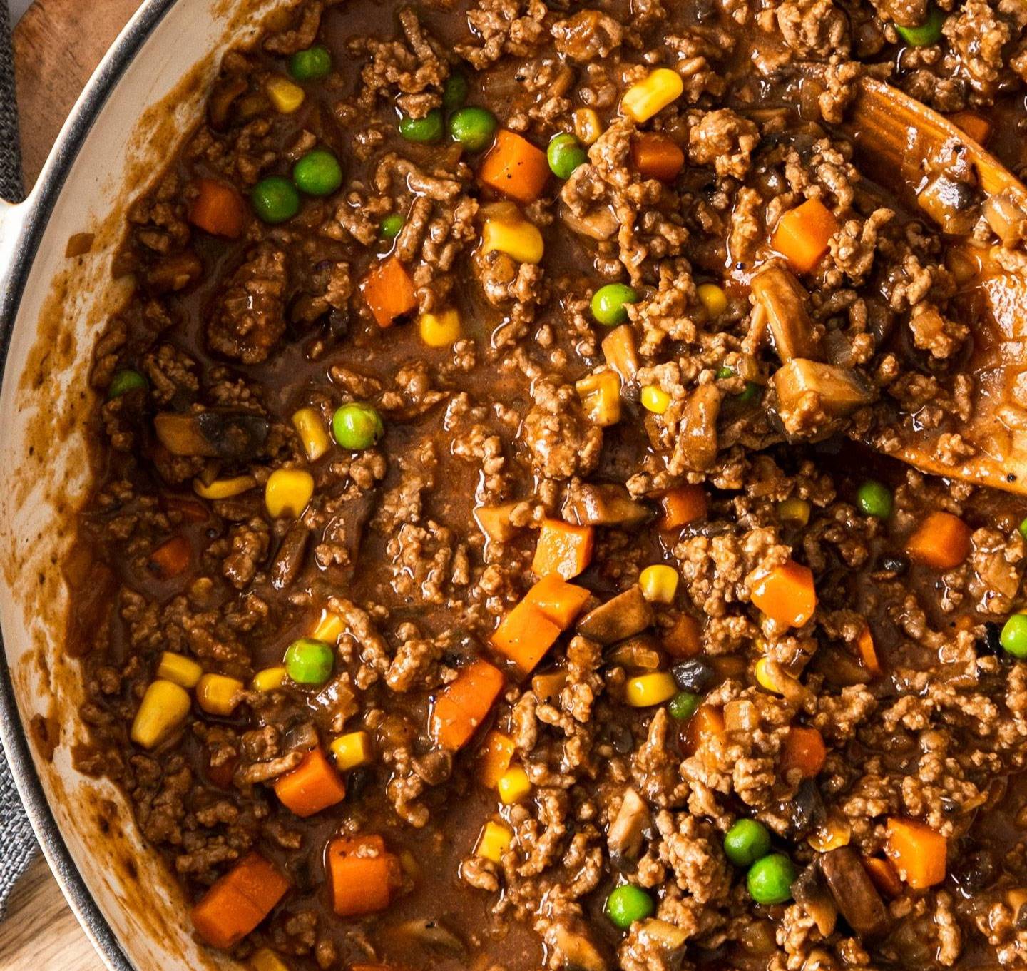 Top down view of a pan full of savoury mince.