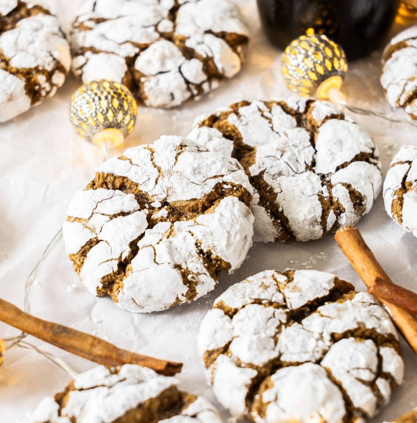 Two gingerbread crinkle cookies with one leaning on the other.