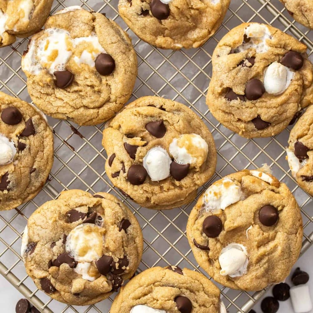 Top down view of chocolate chip cookies with marshmallows.