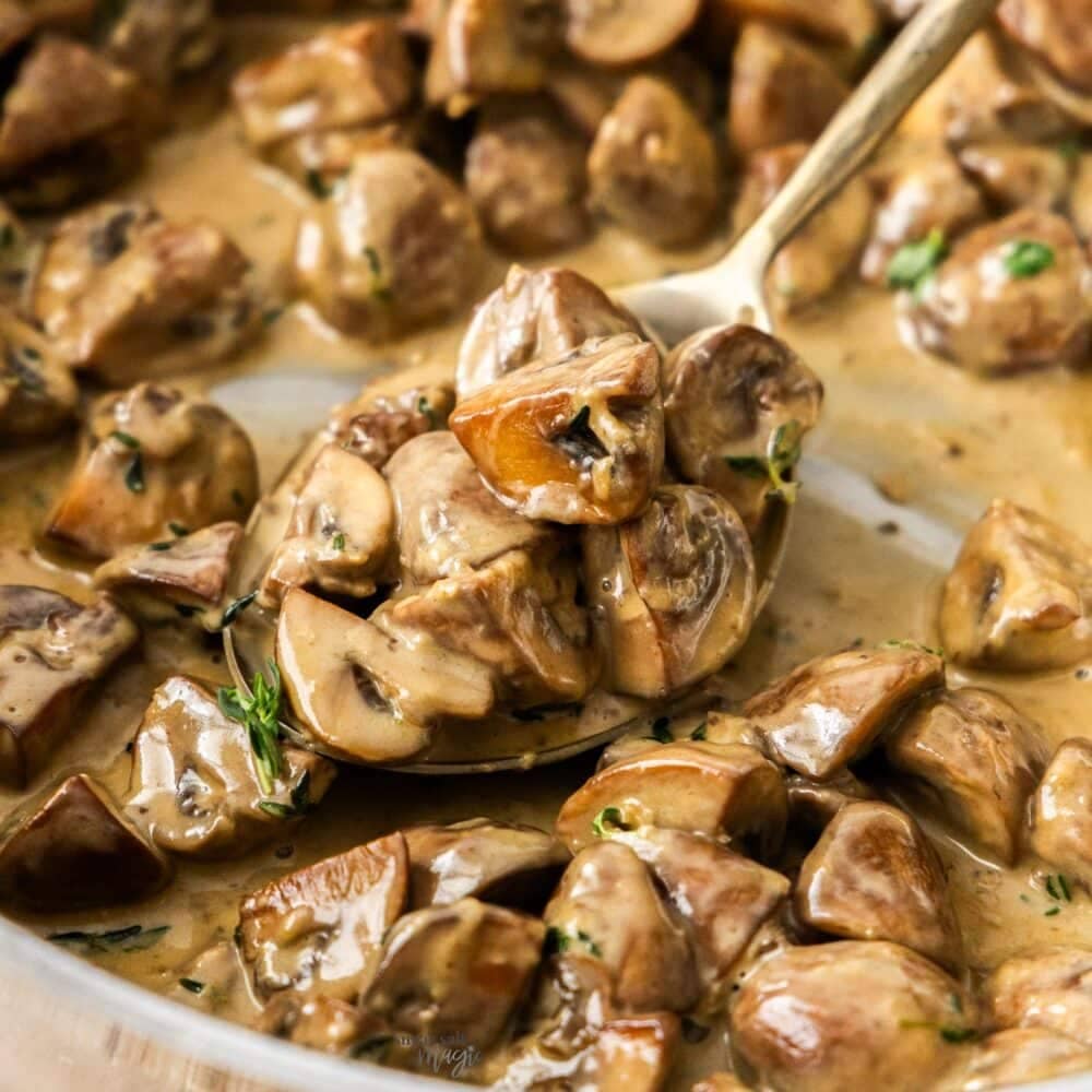 A spoon scooping creamy mushrooms from a pan.