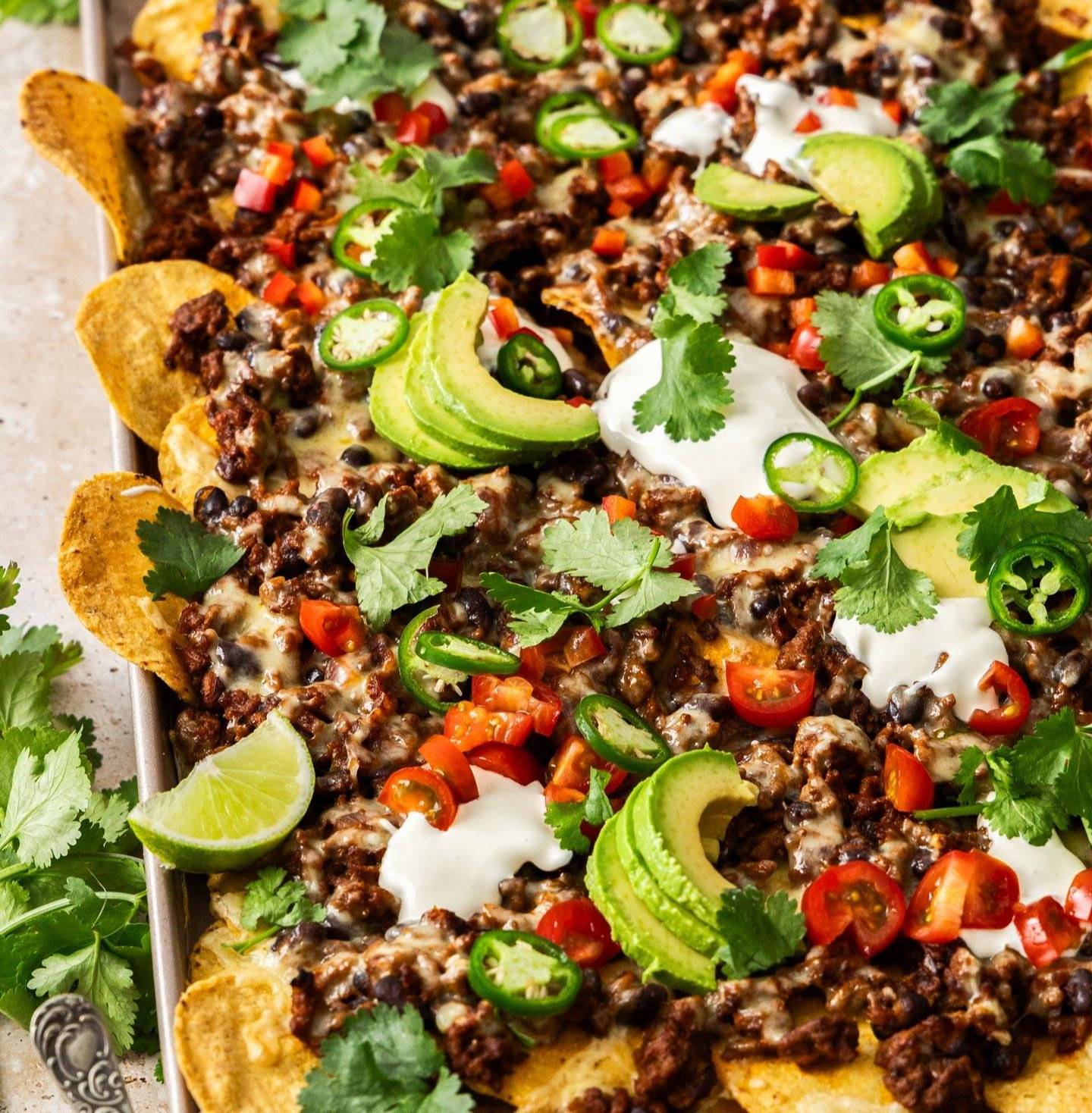 A tray loaded with beef nachos topped with avocado and sour cream.