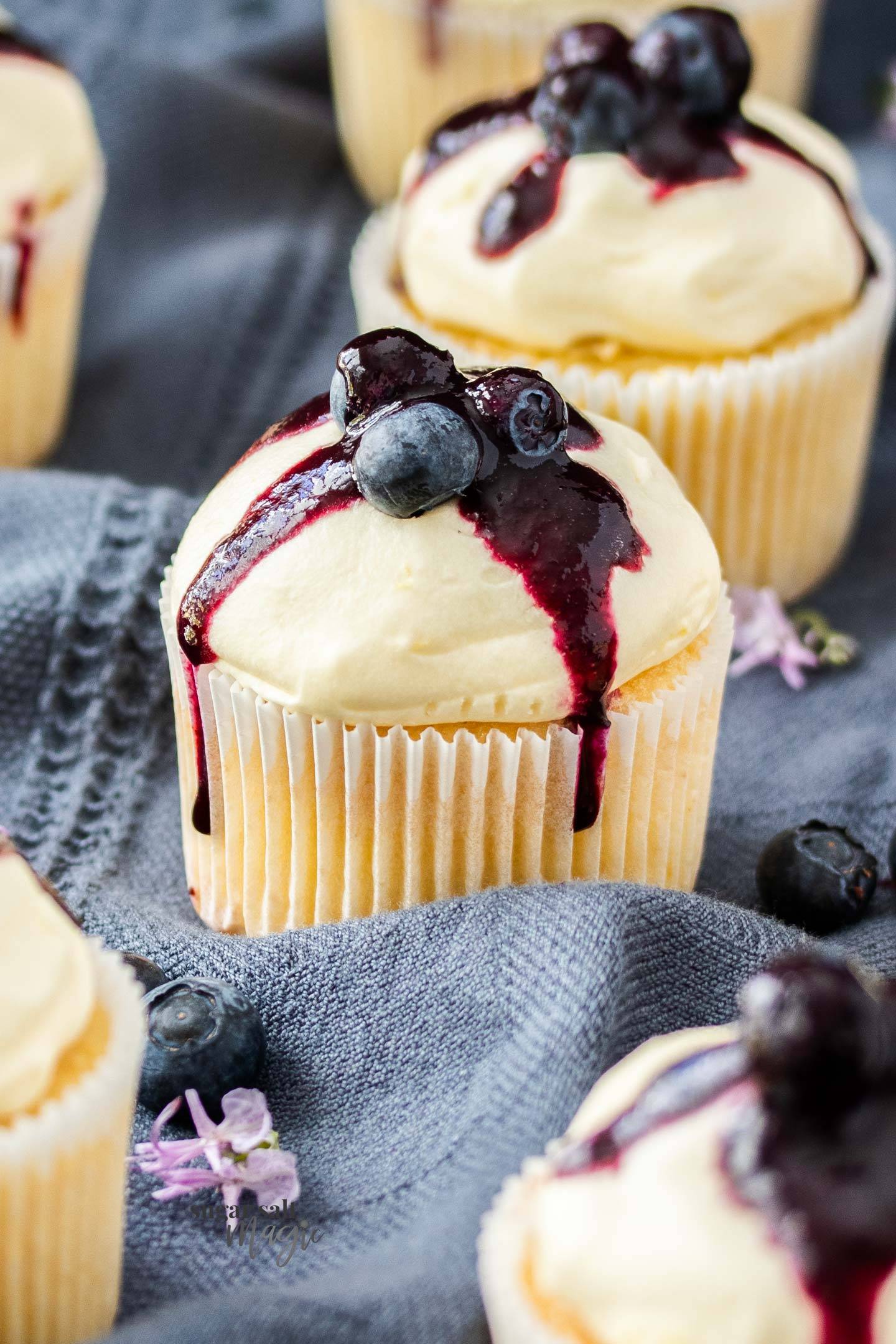 Closeup of a lemon blueberry cupcake.
