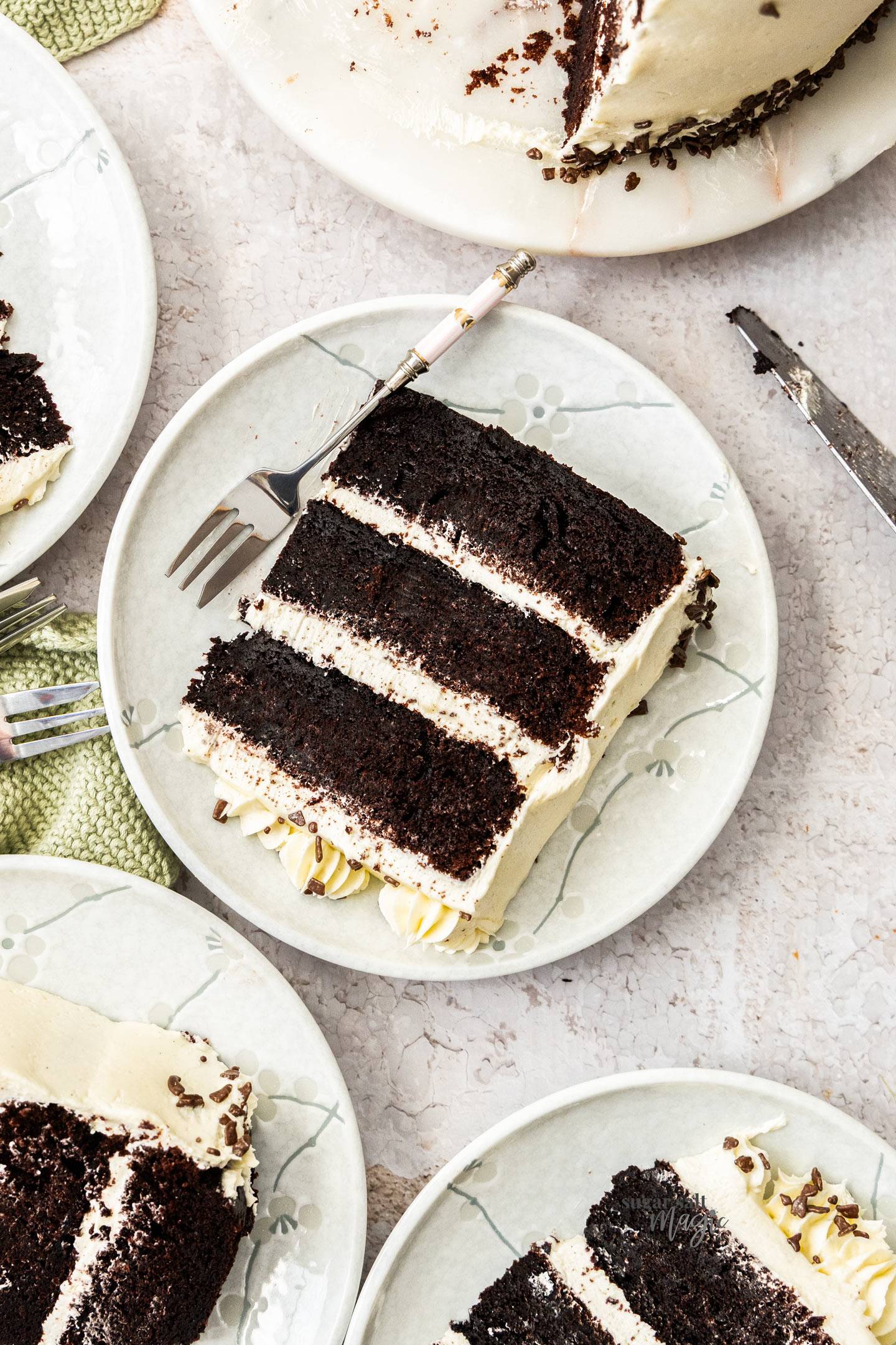 Top down view of a slice of chocolate cake on a dessert plate.
