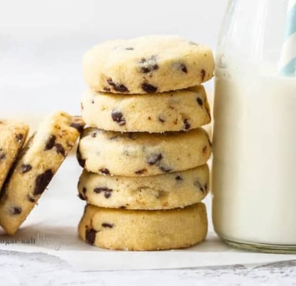 A stack of chocolate chip shortbread cookies.