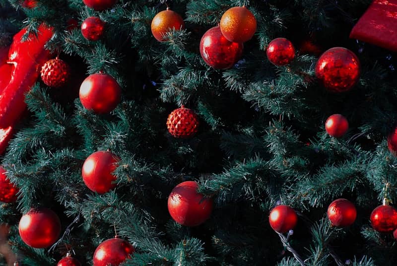A close up of a christmas tree with red ornaments