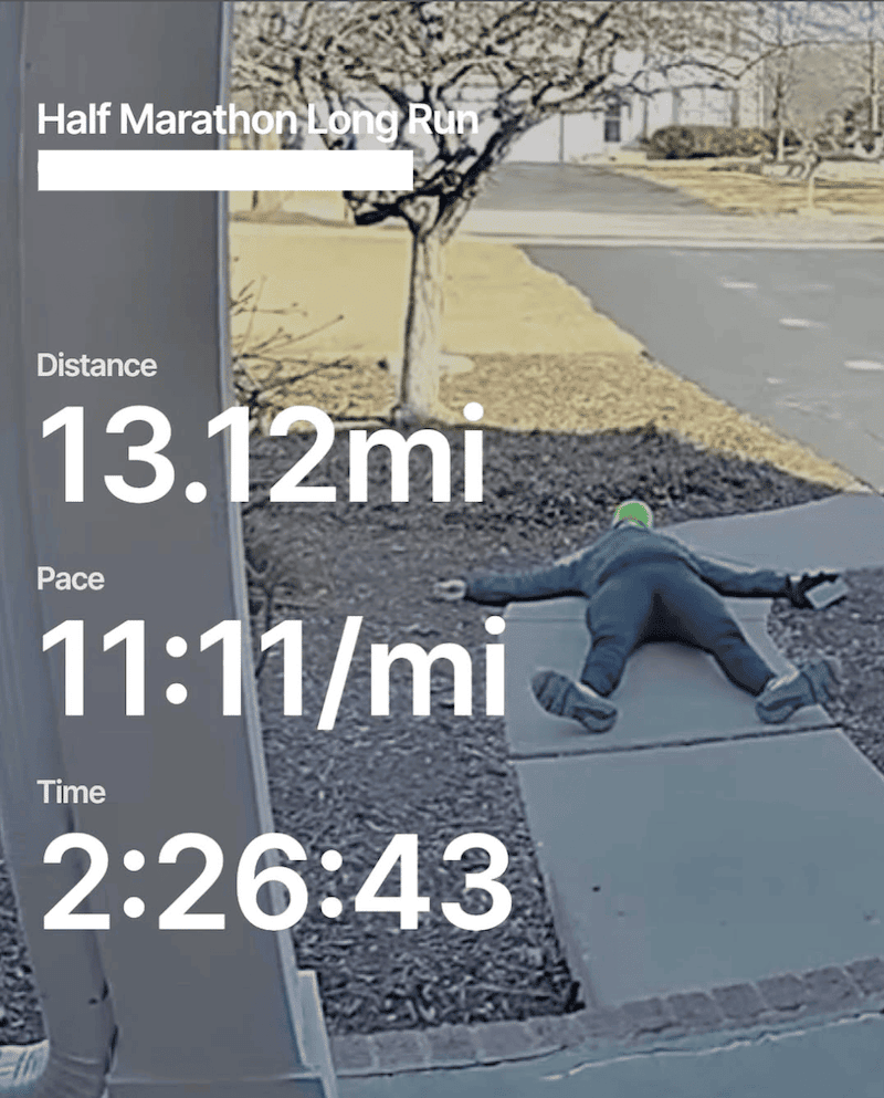 Hayley laying on the ground after her 13 miles run with run stats overlaid on the graphic