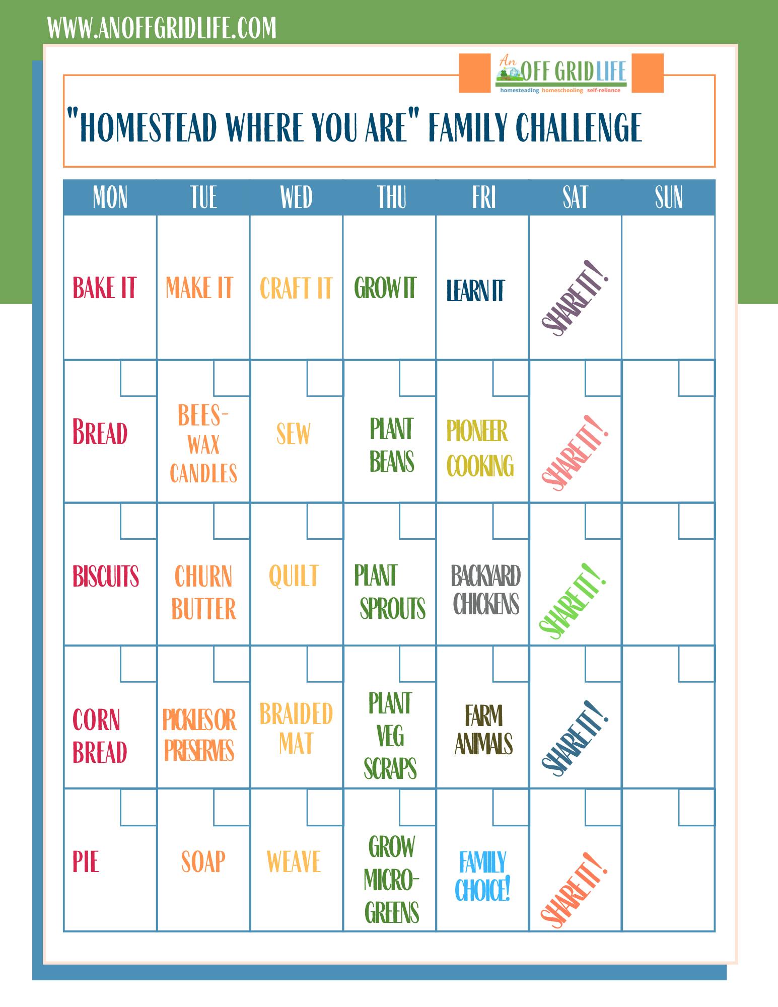 Homestead monthly challenge calendar