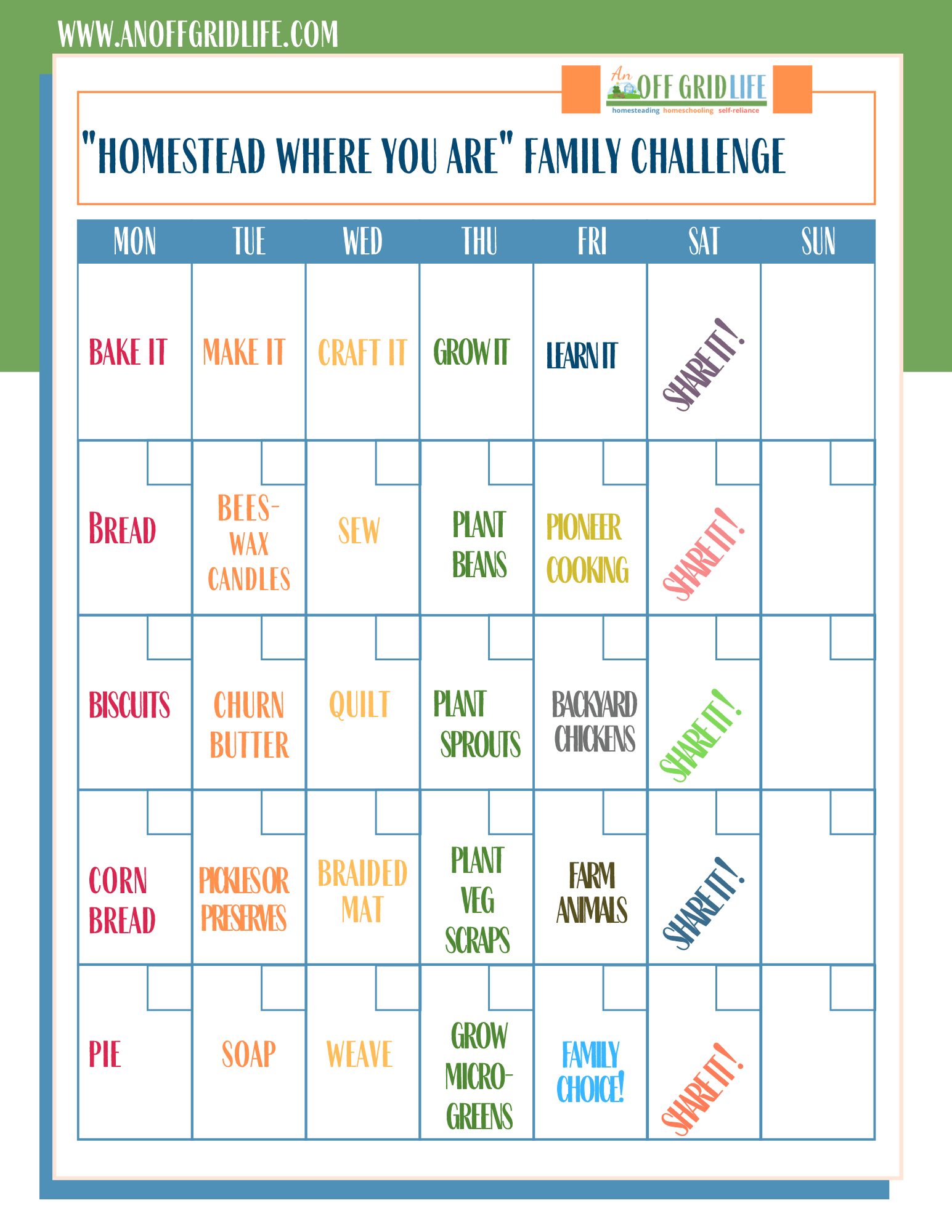 The "Homestead Where You Are" Challenge Calendar!